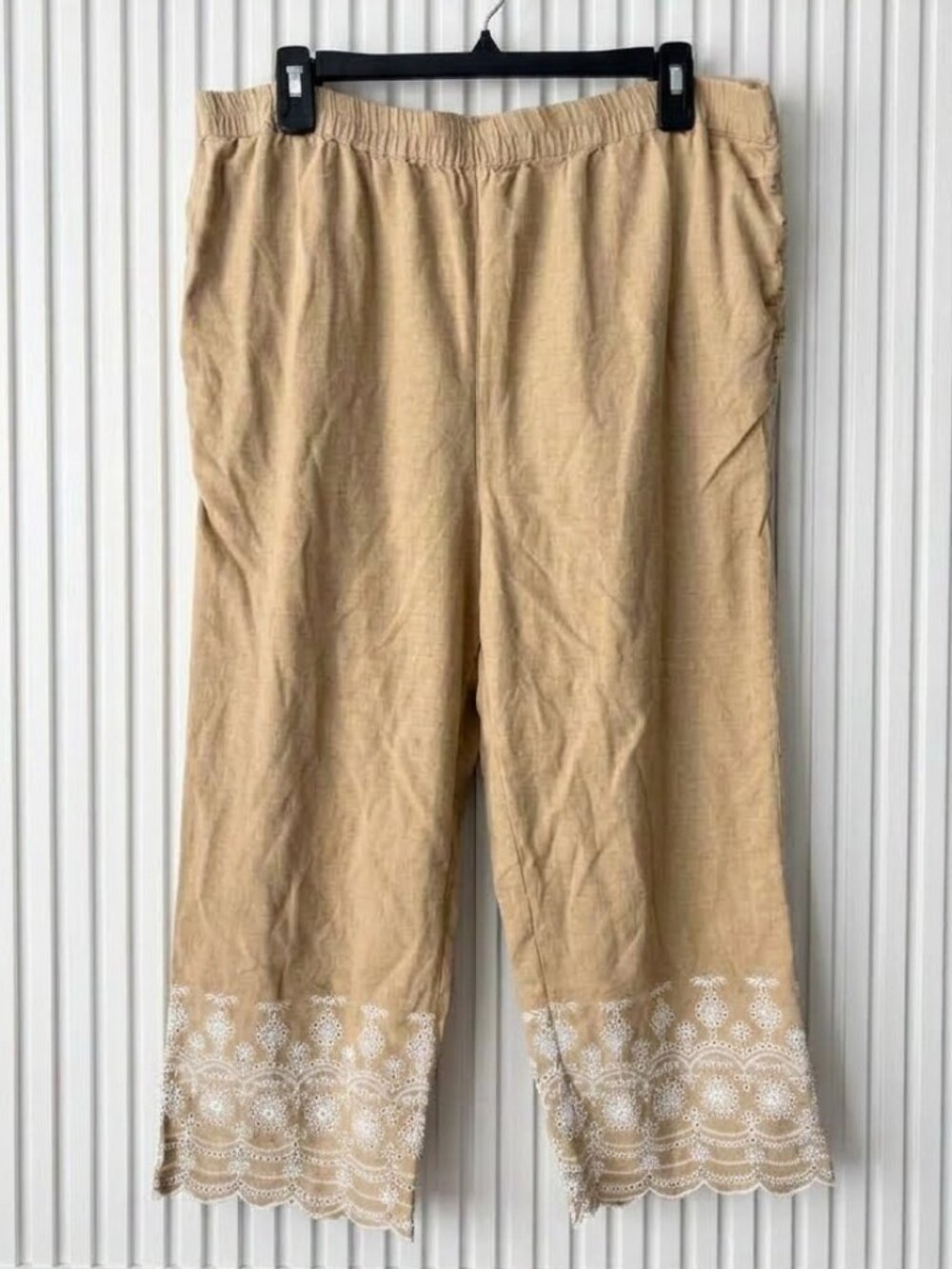 Linen Blend Pants XL Beige Eyelet Lace Cropped Wide Leg Lagenlook Cottagecore